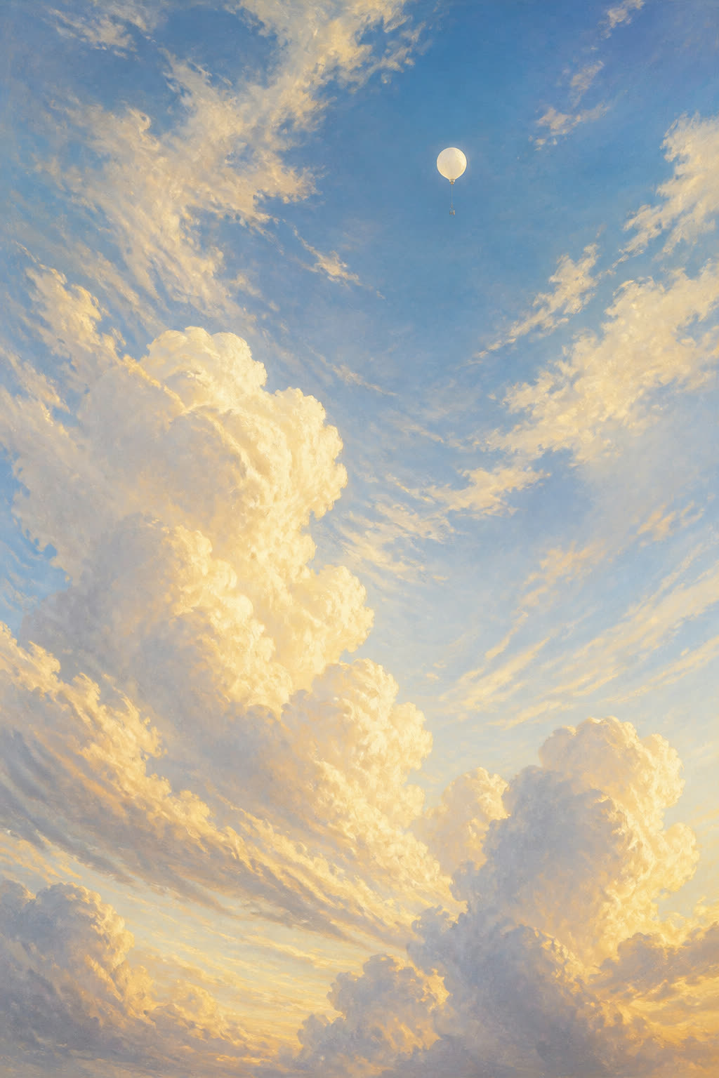 A tiny weather balloon still climbing among golden clouds