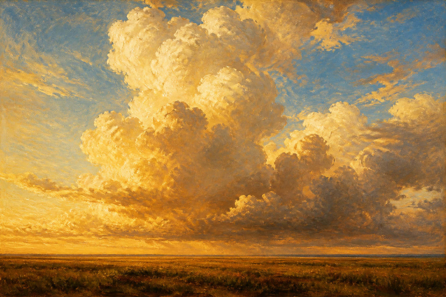 Golden cumulus clouds rising over a prairie